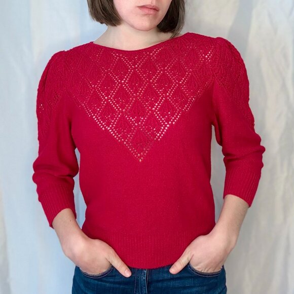Vintage Red Knit Sweater with Subtle Puff Sleeves - Picture 5 of 8